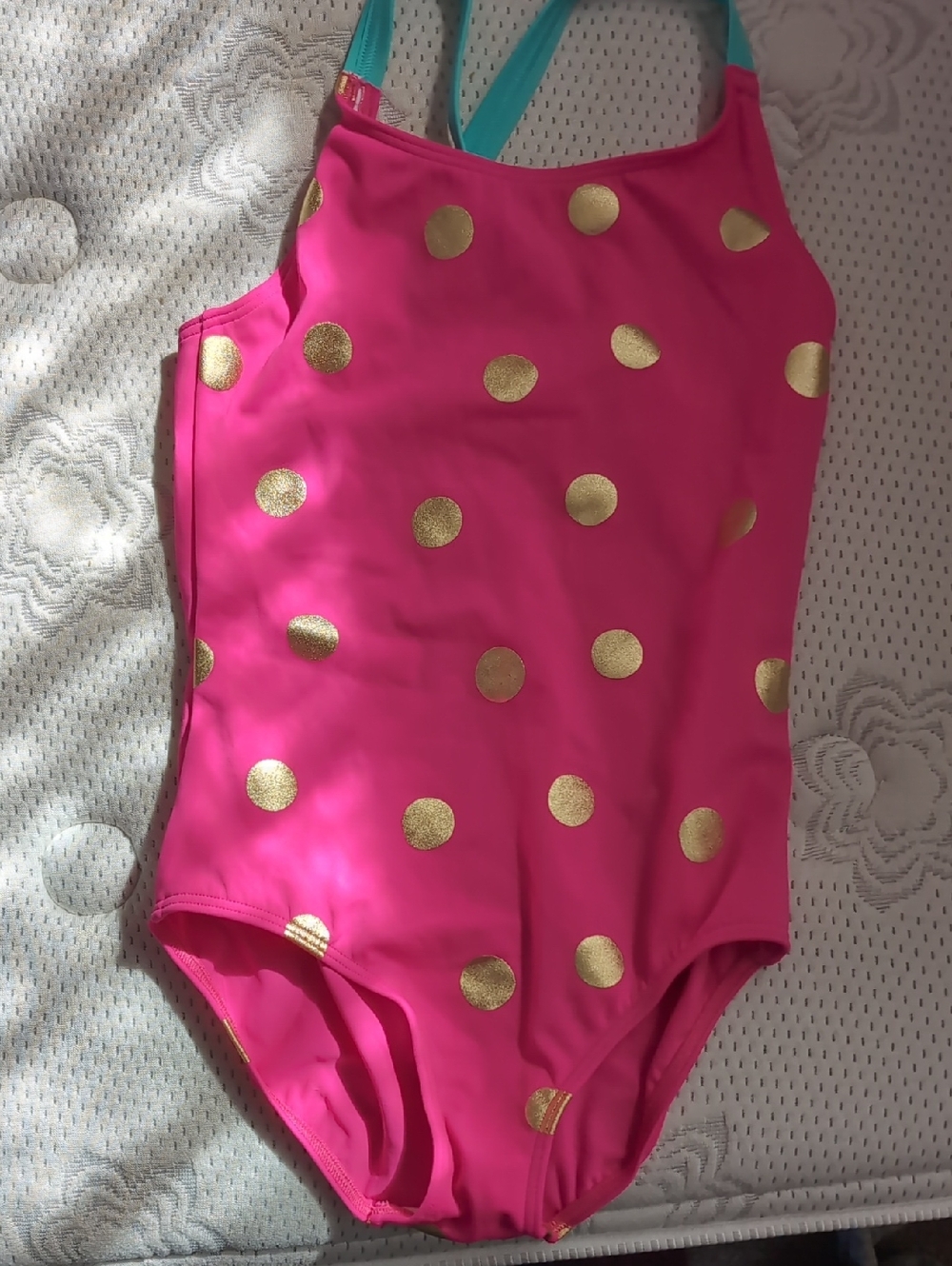 Boden Kids One-Piece Swimsuit in Hot Pink with Gold Polka Dots